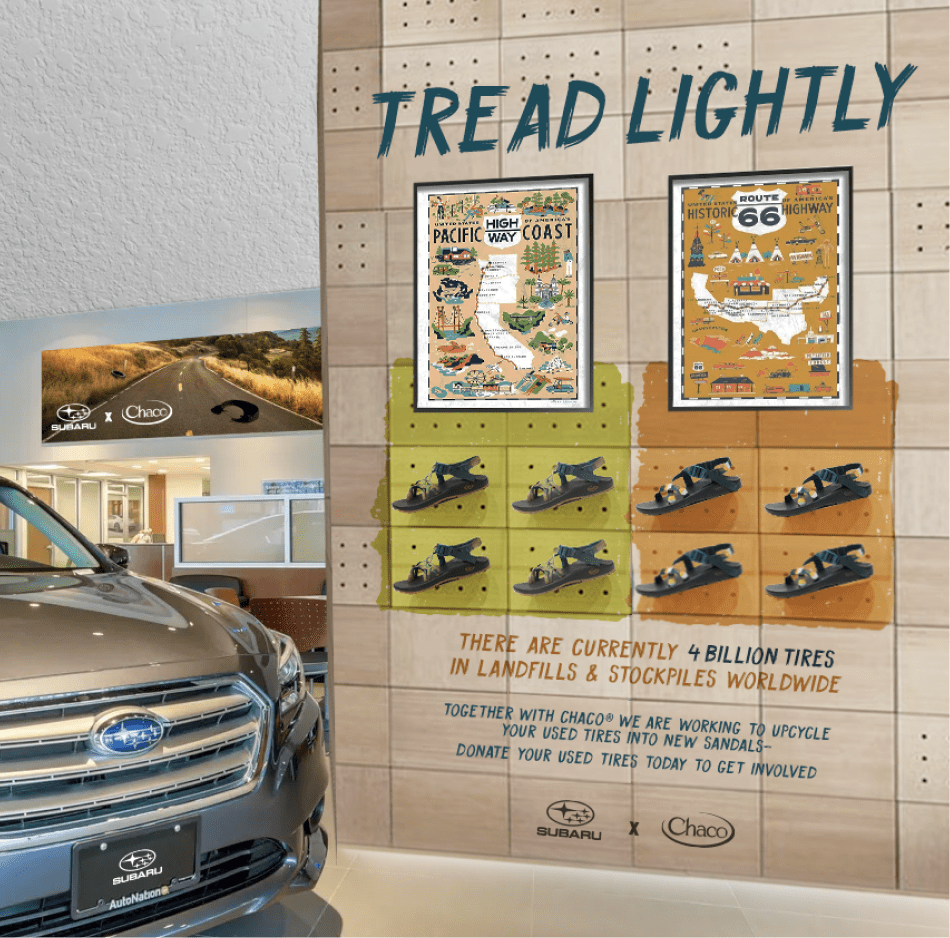 Image of shoe display and maps of tire cleanups inside Subaru dealership